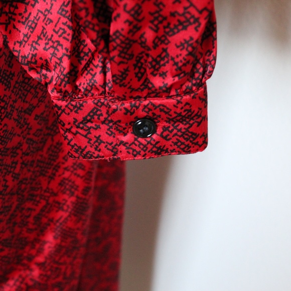 Vintage Red & Black Satiny Button Front, Tie-Neckline Long Sleeve Dress - Picture 6 of 10